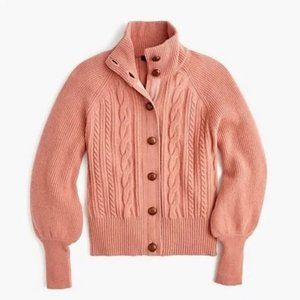 J. Crew Wool Blend Leather Brown Buttoned Cable Knit Cardigan Bomber Sweater S